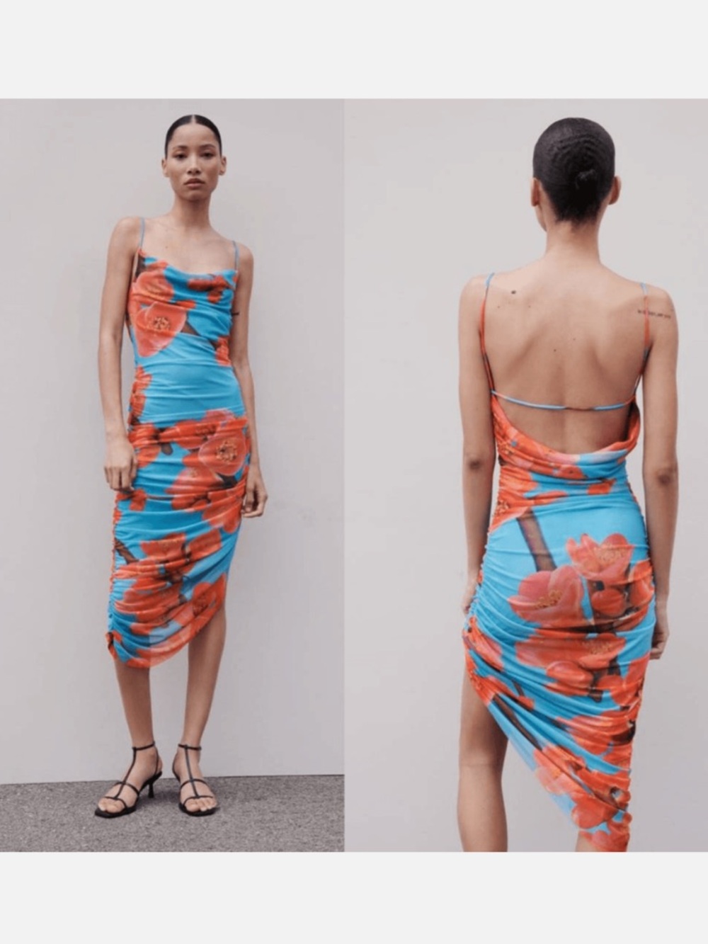Zara Dress With Blue And Orange Floral Print and Open Back